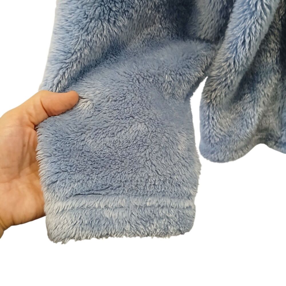 Fuzzy Periwinkle Blue Teddy Fleece Cowl Neck Pullover Peach Patch Pocket Medium - Picture 4 of 9
